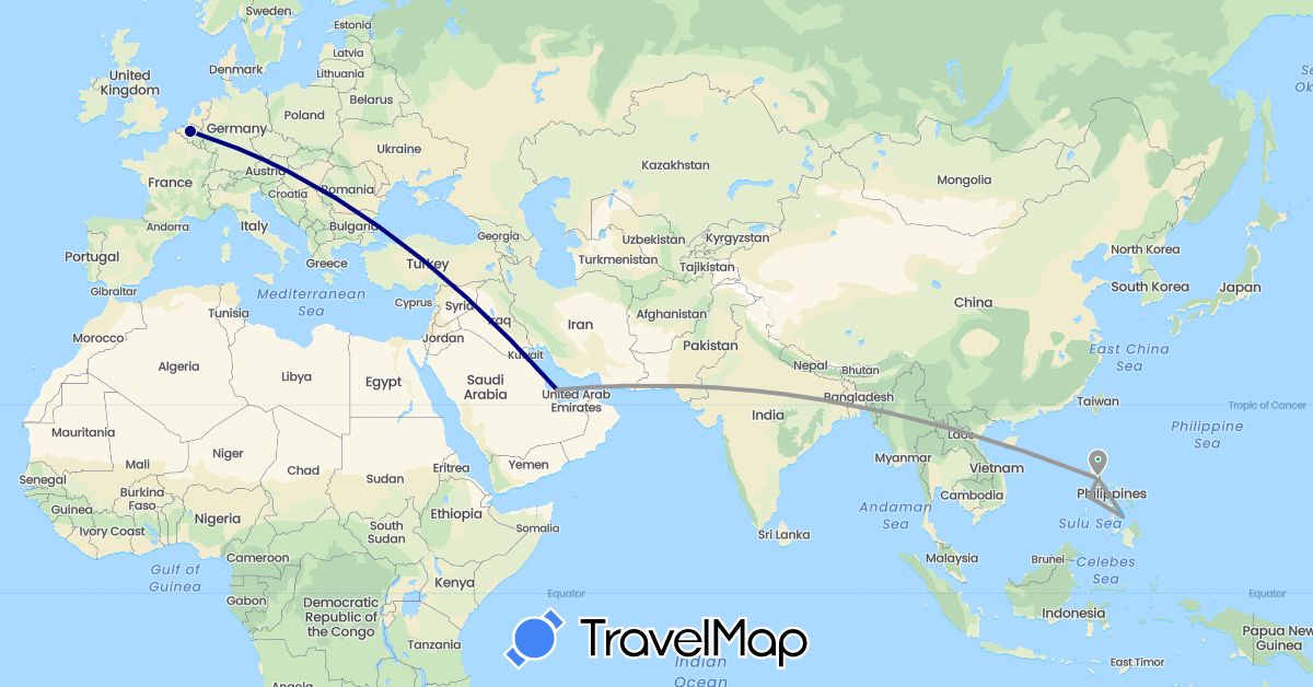 TravelMap itinerary: driving, bus, plane, boat in Belgium, Philippines, Qatar (Asia, Europe)